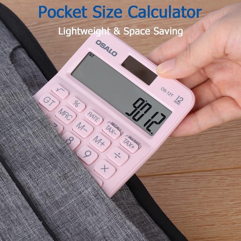 Pendancy Pocket Small Size Desk Calculator, 12 Digit Large LCD Display, Basic Tax Function Handheld Desktop Calculator with Solar Battery Dual Power, Perfect for Office, School, Business OS-12T (Pink) - Image 2